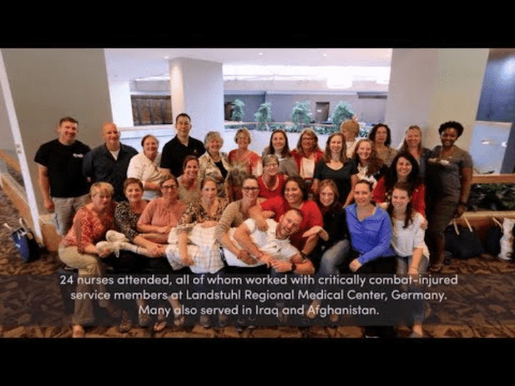 Military nurses reunite with wounded Veterans at the Marine Corps Marathon. 24 nurses attended, all of whom worked with critically combat-injured service members at Landstuhl Regional Medical Center, Germany. Many also served in Iraq and Afghanistan.