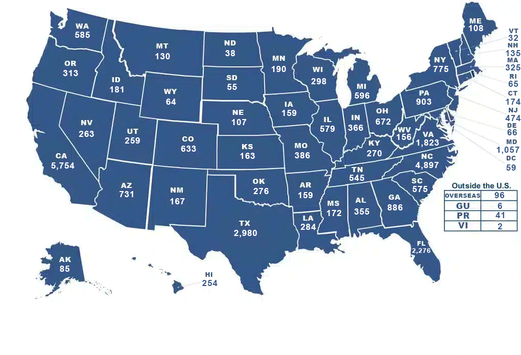 map of the US with numbers